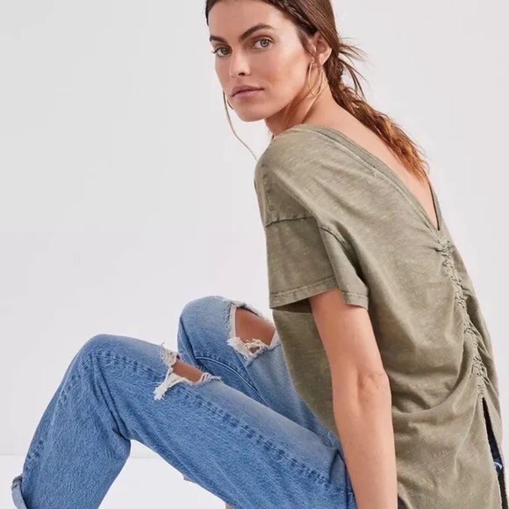 Anthropologie Olive Green Ruched Back Top